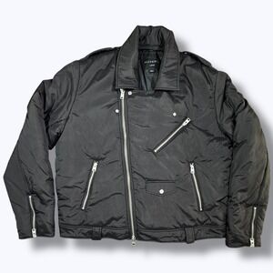 AllSaints Miller Black Puffer Biker Jacket Men's Large Moto Streetwear Edgy Punk
